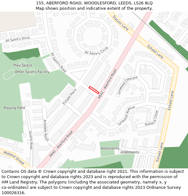 155, ABERFORD ROAD, WOODLESFORD, LEEDS, LS26 8LQ: Location map and indicative extent of plot