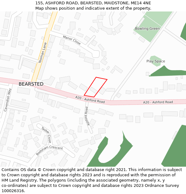 155, ASHFORD ROAD, BEARSTED, MAIDSTONE, ME14 4NE: Location map and indicative extent of plot