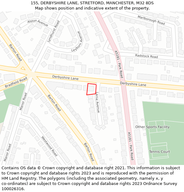 155, DERBYSHIRE LANE, STRETFORD, MANCHESTER, M32 8DS: Location map and indicative extent of plot