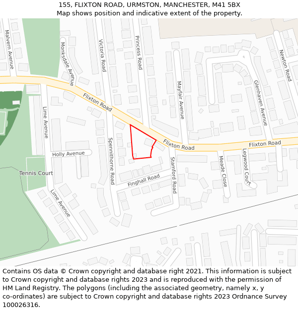 155, FLIXTON ROAD, URMSTON, MANCHESTER, M41 5BX: Location map and indicative extent of plot