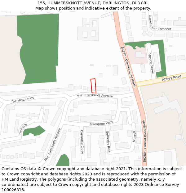 155, HUMMERSKNOTT AVENUE, DARLINGTON, DL3 8RL: Location map and indicative extent of plot