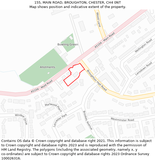 155, MAIN ROAD, BROUGHTON, CHESTER, CH4 0NT: Location map and indicative extent of plot