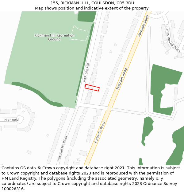 155, RICKMAN HILL, COULSDON, CR5 3DU: Location map and indicative extent of plot