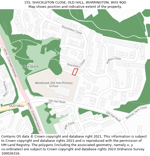 155, SHACKLETON CLOSE, OLD HALL, WARRINGTON, WA5 9QG: Location map and indicative extent of plot