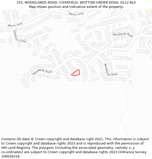 155, WOODLANDS ROAD, CHARFIELD, WOTTON-UNDER-EDGE, GL12 8LA: Location map and indicative extent of plot