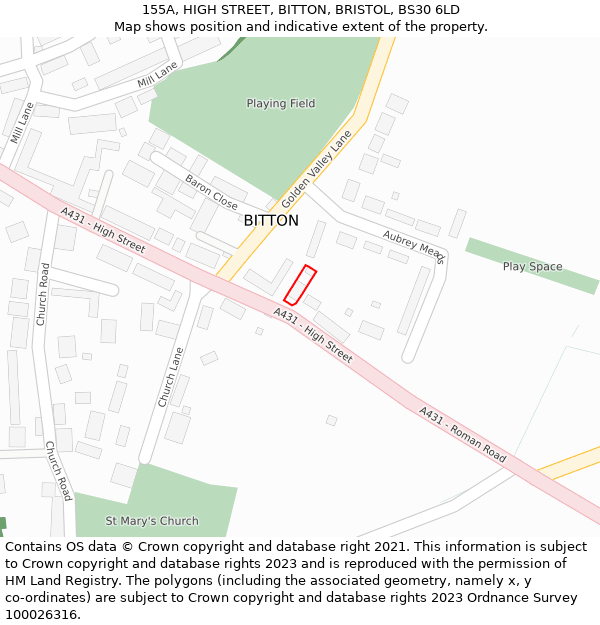 155A, HIGH STREET, BITTON, BRISTOL, BS30 6LD: Location map and indicative extent of plot