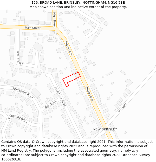 156, BROAD LANE, BRINSLEY, NOTTINGHAM, NG16 5BE: Location map and indicative extent of plot