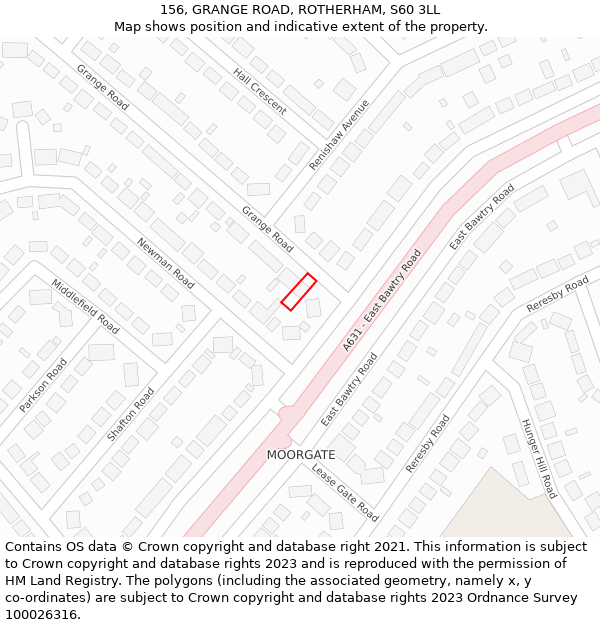 156, GRANGE ROAD, ROTHERHAM, S60 3LL: Location map and indicative extent of plot