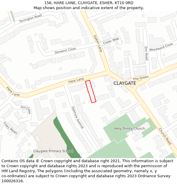 156, HARE LANE, CLAYGATE, ESHER, KT10 0RD: Location map and indicative extent of plot