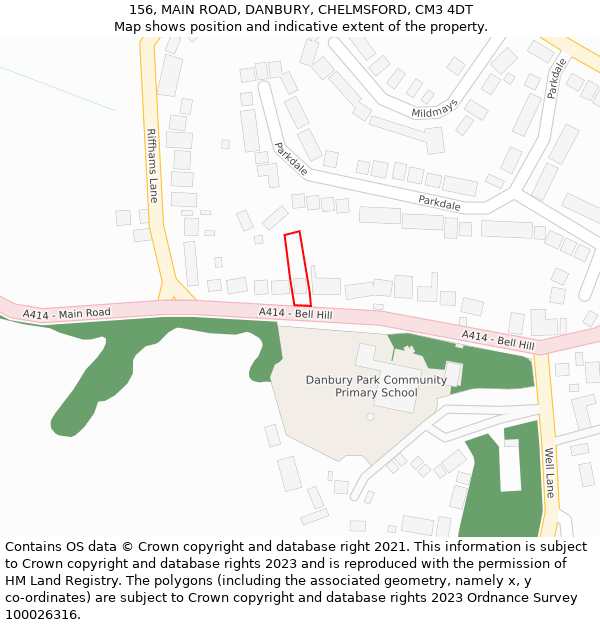 156, MAIN ROAD, DANBURY, CHELMSFORD, CM3 4DT: Location map and indicative extent of plot