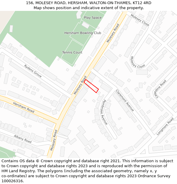 156, MOLESEY ROAD, HERSHAM, WALTON-ON-THAMES, KT12 4RD: Location map and indicative extent of plot