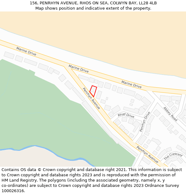 156, PENRHYN AVENUE, RHOS ON SEA, COLWYN BAY, LL28 4LB: Location map and indicative extent of plot