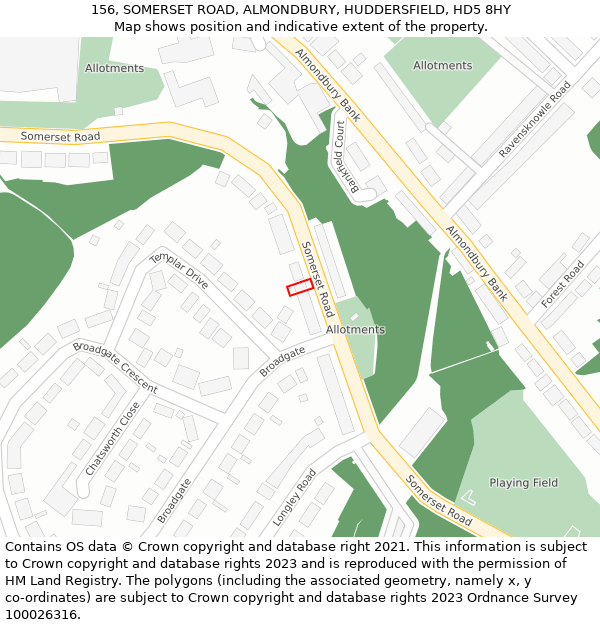 156, SOMERSET ROAD, ALMONDBURY, HUDDERSFIELD, HD5 8HY: Location map and indicative extent of plot