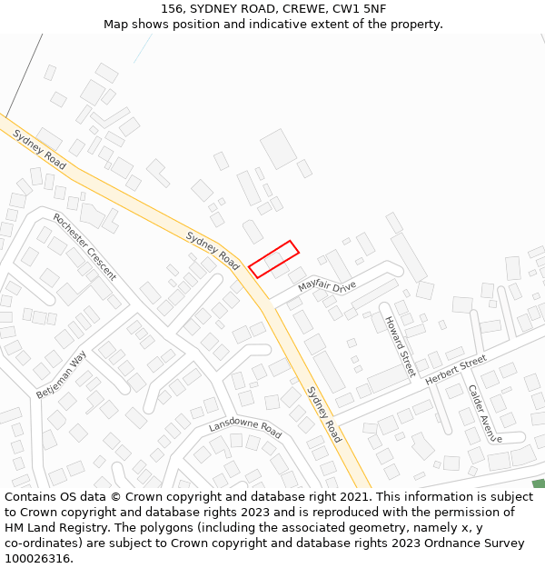 156, SYDNEY ROAD, CREWE, CW1 5NF: Location map and indicative extent of plot