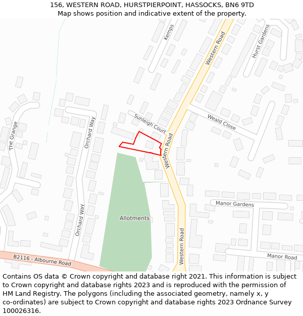 156, WESTERN ROAD, HURSTPIERPOINT, HASSOCKS, BN6 9TD: Location map and indicative extent of plot