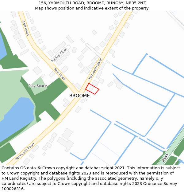 156, YARMOUTH ROAD, BROOME, BUNGAY, NR35 2NZ: Location map and indicative extent of plot