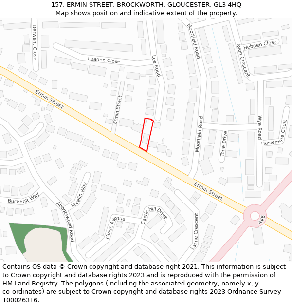 157, ERMIN STREET, BROCKWORTH, GLOUCESTER, GL3 4HQ: Location map and indicative extent of plot