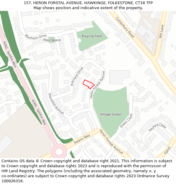 157, HERON FORSTAL AVENUE, HAWKINGE, FOLKESTONE, CT18 7FP: Location map and indicative extent of plot