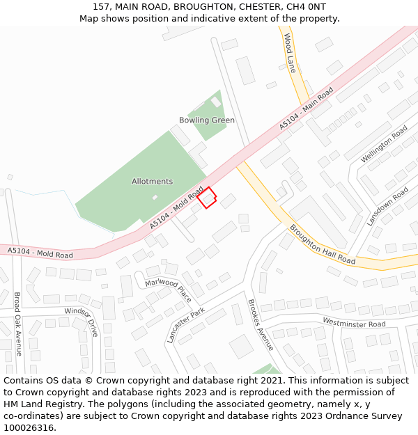 157, MAIN ROAD, BROUGHTON, CHESTER, CH4 0NT: Location map and indicative extent of plot