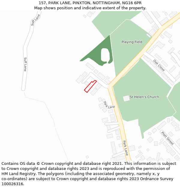 157, PARK LANE, PINXTON, NOTTINGHAM, NG16 6PR: Location map and indicative extent of plot