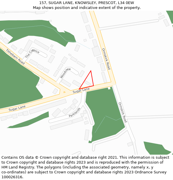 157, SUGAR LANE, KNOWSLEY, PRESCOT, L34 0EW: Location map and indicative extent of plot