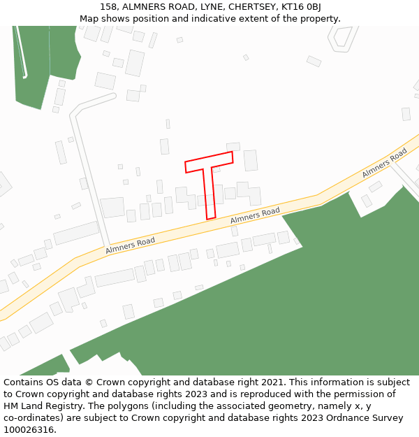 158, ALMNERS ROAD, LYNE, CHERTSEY, KT16 0BJ: Location map and indicative extent of plot
