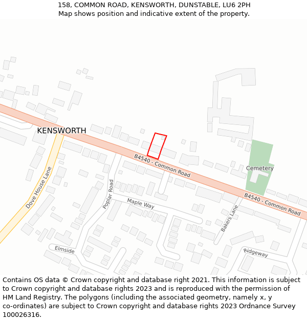 158, COMMON ROAD, KENSWORTH, DUNSTABLE, LU6 2PH: Location map and indicative extent of plot