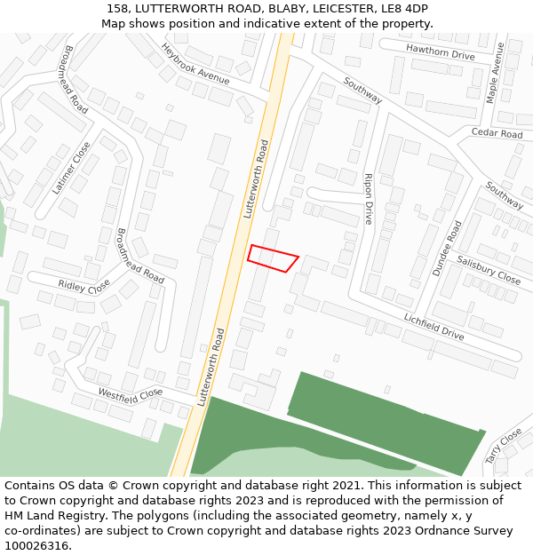 158, LUTTERWORTH ROAD, BLABY, LEICESTER, LE8 4DP: Location map and indicative extent of plot