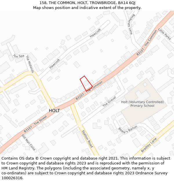 158, THE COMMON, HOLT, TROWBRIDGE, BA14 6QJ: Location map and indicative extent of plot