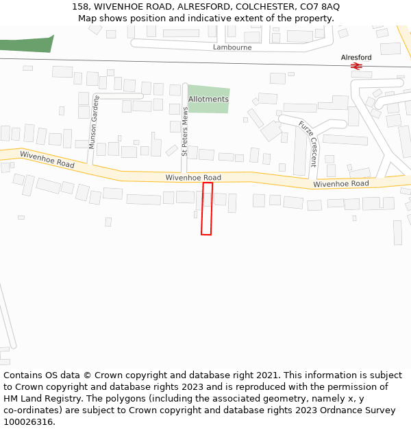 158, WIVENHOE ROAD, ALRESFORD, COLCHESTER, CO7 8AQ: Location map and indicative extent of plot