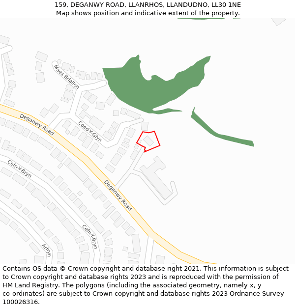 159, DEGANWY ROAD, LLANRHOS, LLANDUDNO, LL30 1NE: Location map and indicative extent of plot