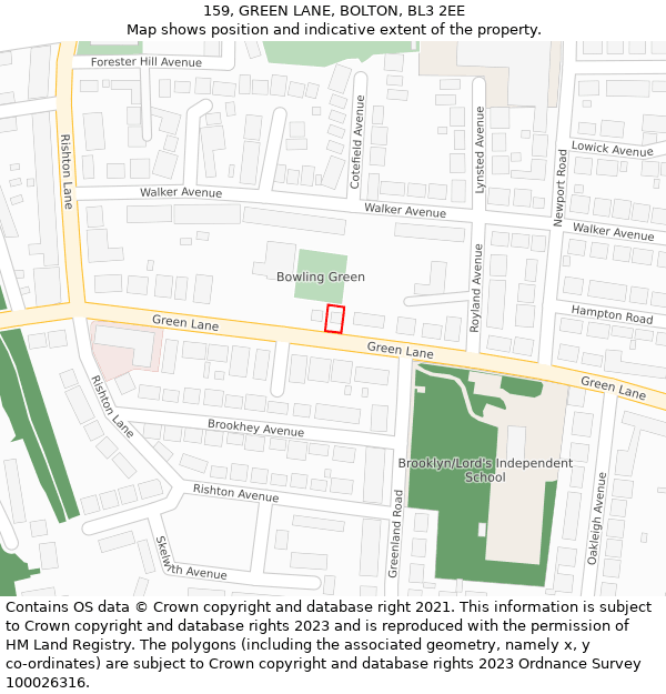 159, GREEN LANE, BOLTON, BL3 2EE: Location map and indicative extent of plot