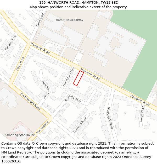 159, HANWORTH ROAD, HAMPTON, TW12 3ED: Location map and indicative extent of plot