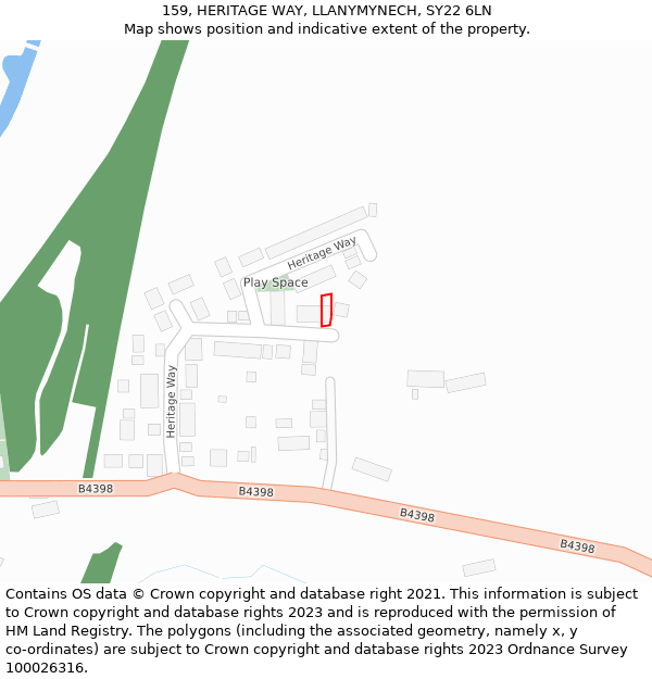 159, HERITAGE WAY, LLANYMYNECH, SY22 6LN: Location map and indicative extent of plot