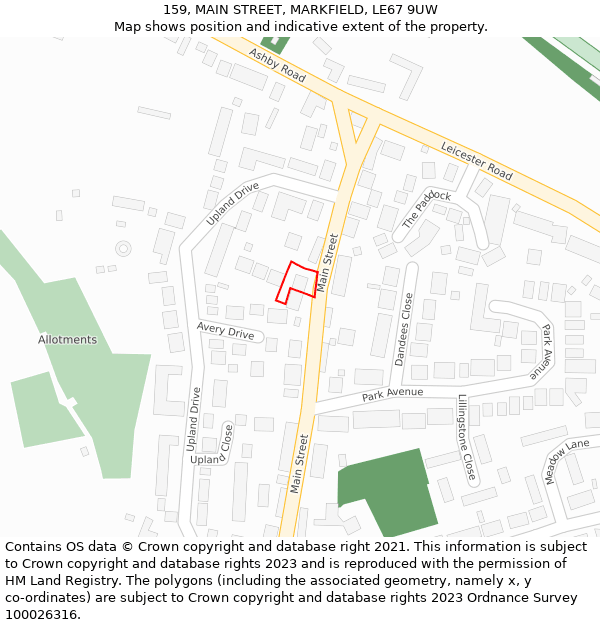 159, MAIN STREET, MARKFIELD, LE67 9UW: Location map and indicative extent of plot