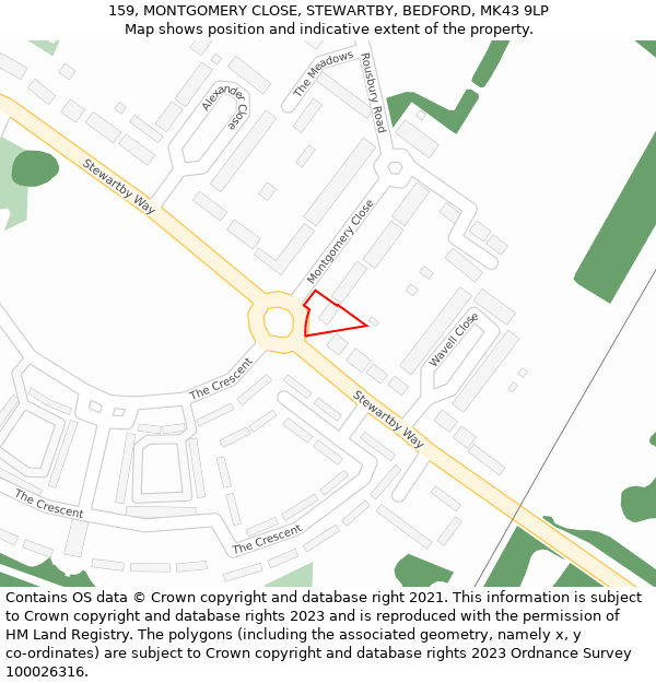 159, MONTGOMERY CLOSE, STEWARTBY, BEDFORD, MK43 9LP: Location map and indicative extent of plot