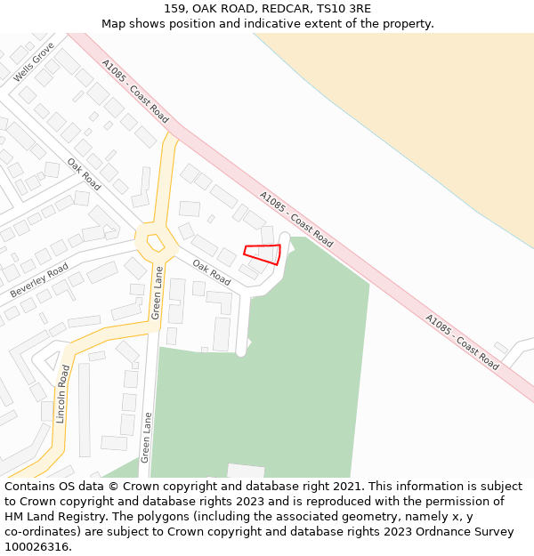 159, OAK ROAD, REDCAR, TS10 3RE: Location map and indicative extent of plot