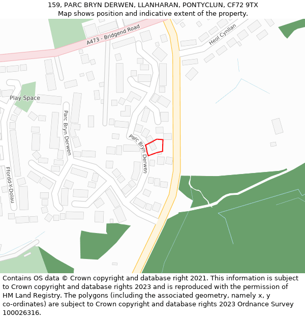 159, PARC BRYN DERWEN, LLANHARAN, PONTYCLUN, CF72 9TX: Location map and indicative extent of plot