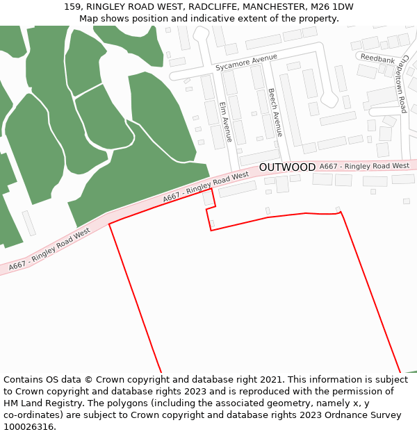 159, RINGLEY ROAD WEST, RADCLIFFE, MANCHESTER, M26 1DW: Location map and indicative extent of plot