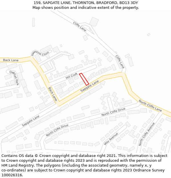 159, SAPGATE LANE, THORNTON, BRADFORD, BD13 3DY: Location map and indicative extent of plot