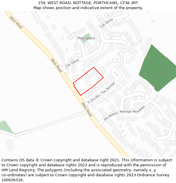 159, WEST ROAD, NOTTAGE, PORTHCAWL, CF36 3RT: Location map and indicative extent of plot