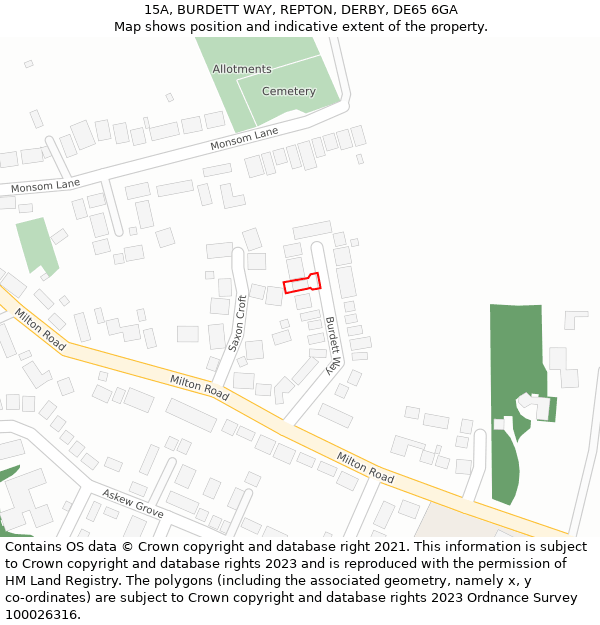 15A, BURDETT WAY, REPTON, DERBY, DE65 6GA: Location map and indicative extent of plot