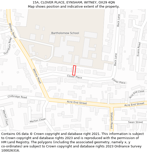 15A, CLOVER PLACE, EYNSHAM, WITNEY, OX29 4QN: Location map and indicative extent of plot