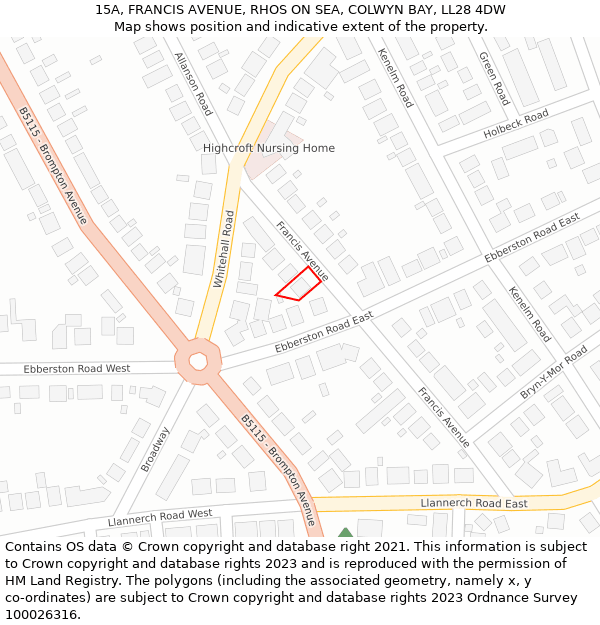 15A, FRANCIS AVENUE, RHOS ON SEA, COLWYN BAY, LL28 4DW: Location map and indicative extent of plot