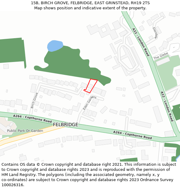 15B, BIRCH GROVE, FELBRIDGE, EAST GRINSTEAD, RH19 2TS: Location map and indicative extent of plot