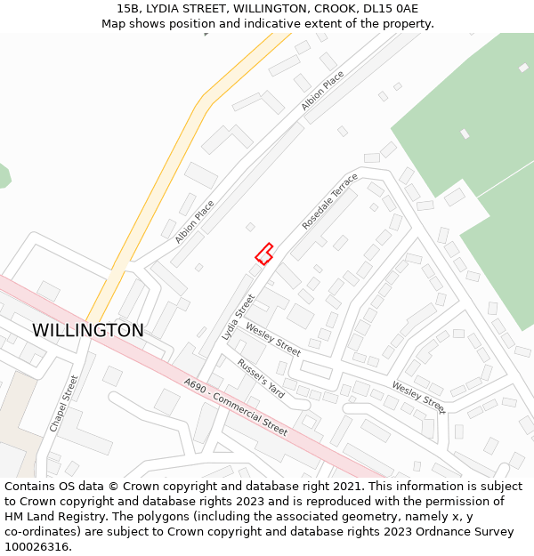 15B, LYDIA STREET, WILLINGTON, CROOK, DL15 0AE: Location map and indicative extent of plot