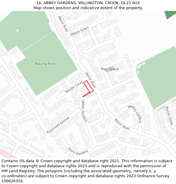 16, ABBEY GARDENS, WILLINGTON, CROOK, DL15 0UX: Location map and indicative extent of plot