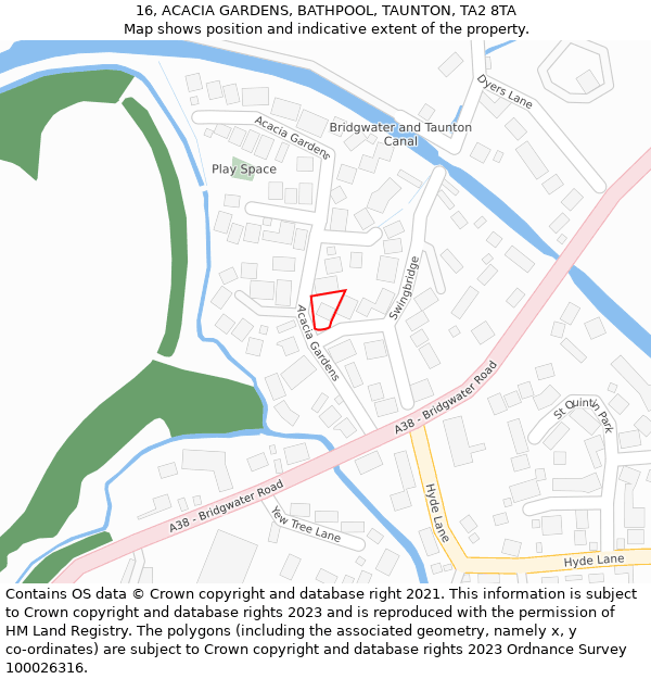 16, ACACIA GARDENS, BATHPOOL, TAUNTON, TA2 8TA: Location map and indicative extent of plot