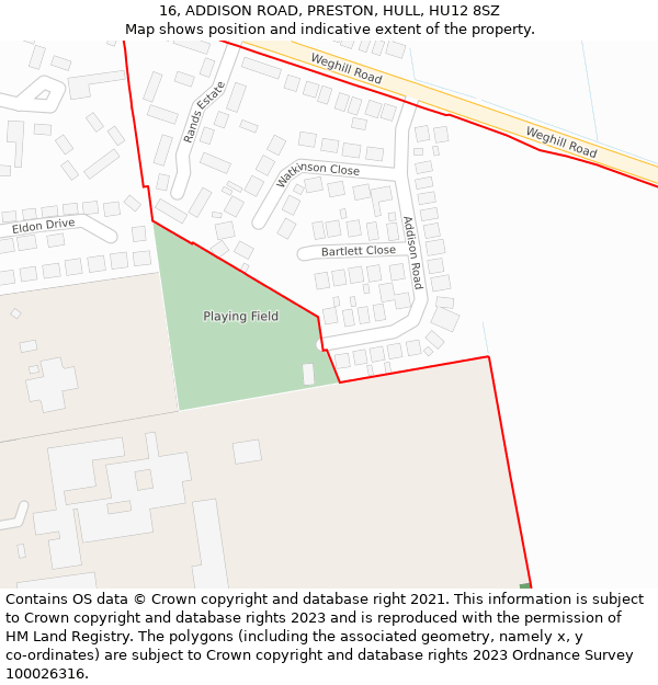 16, ADDISON ROAD, PRESTON, HULL, HU12 8SZ: Location map and indicative extent of plot
