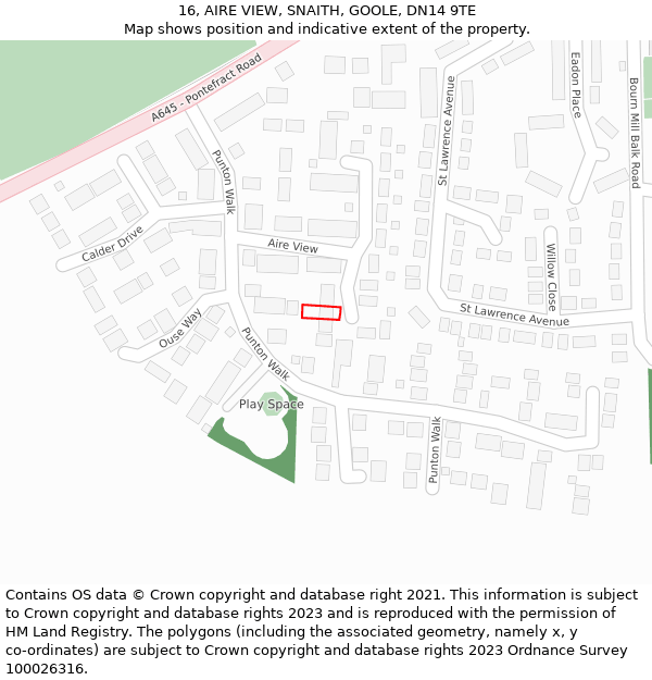 16, AIRE VIEW, SNAITH, GOOLE, DN14 9TE: Location map and indicative extent of plot